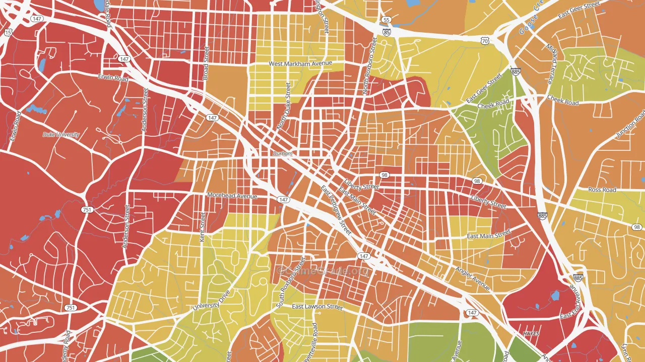 Downtown Durham, Durham, NC Map of Drug-Related Crime Rates