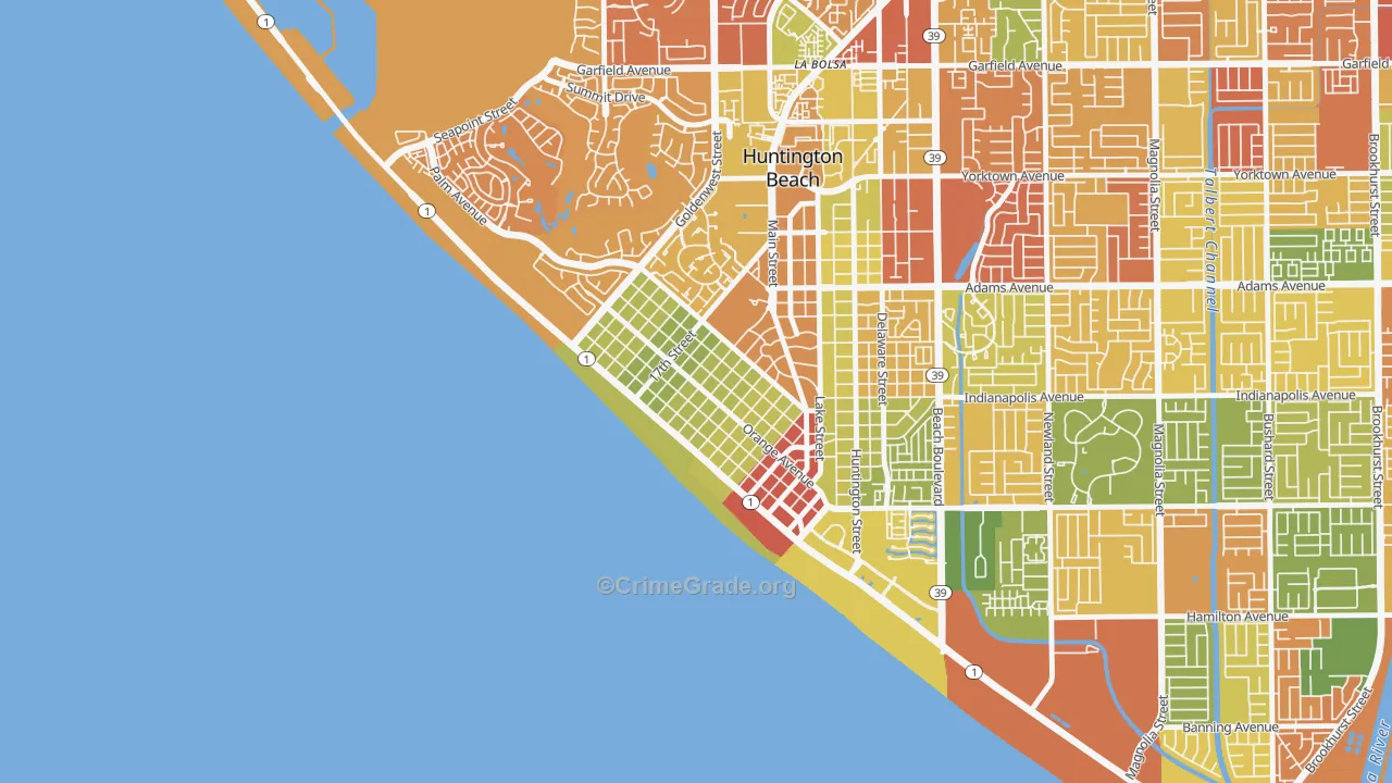 Downtown Huntington Beach, Huntington Beach, CA Map of Drug-Related Crime Rates