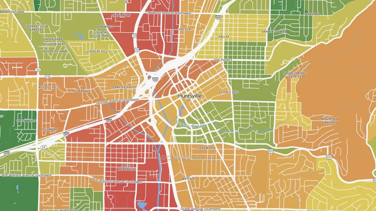 Downtown Huntsville, Huntsville, AL Map of Drug-Related Crime Rates