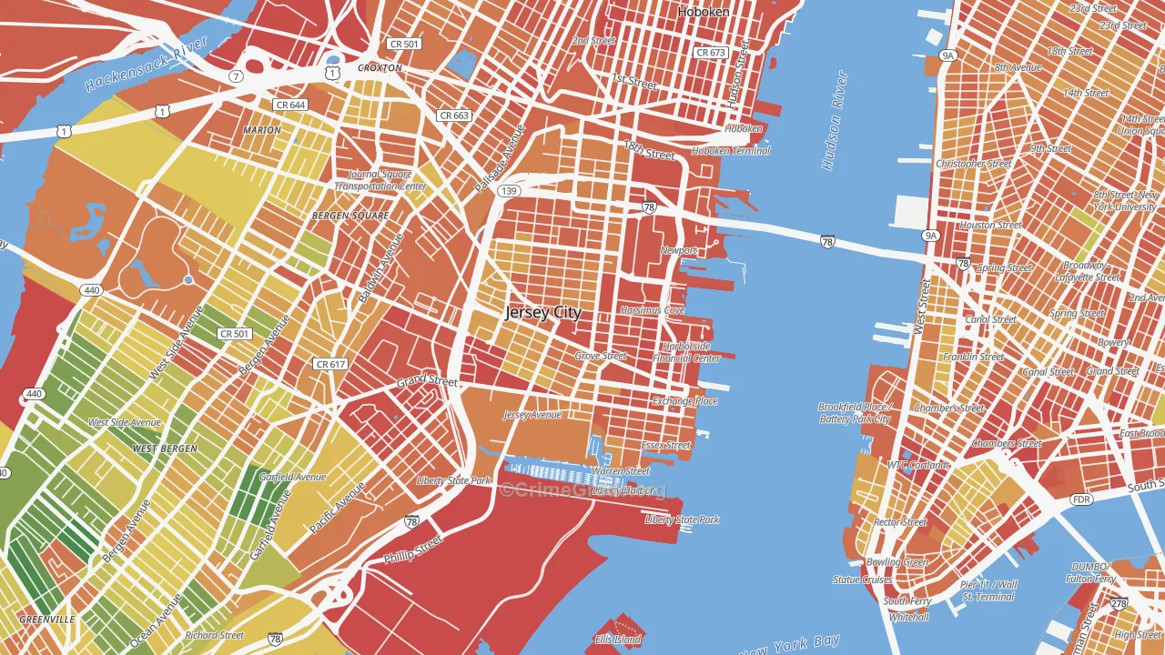 Downtown Jersey City, Jersey City, NJ Map of Drug-Related Crime Rates