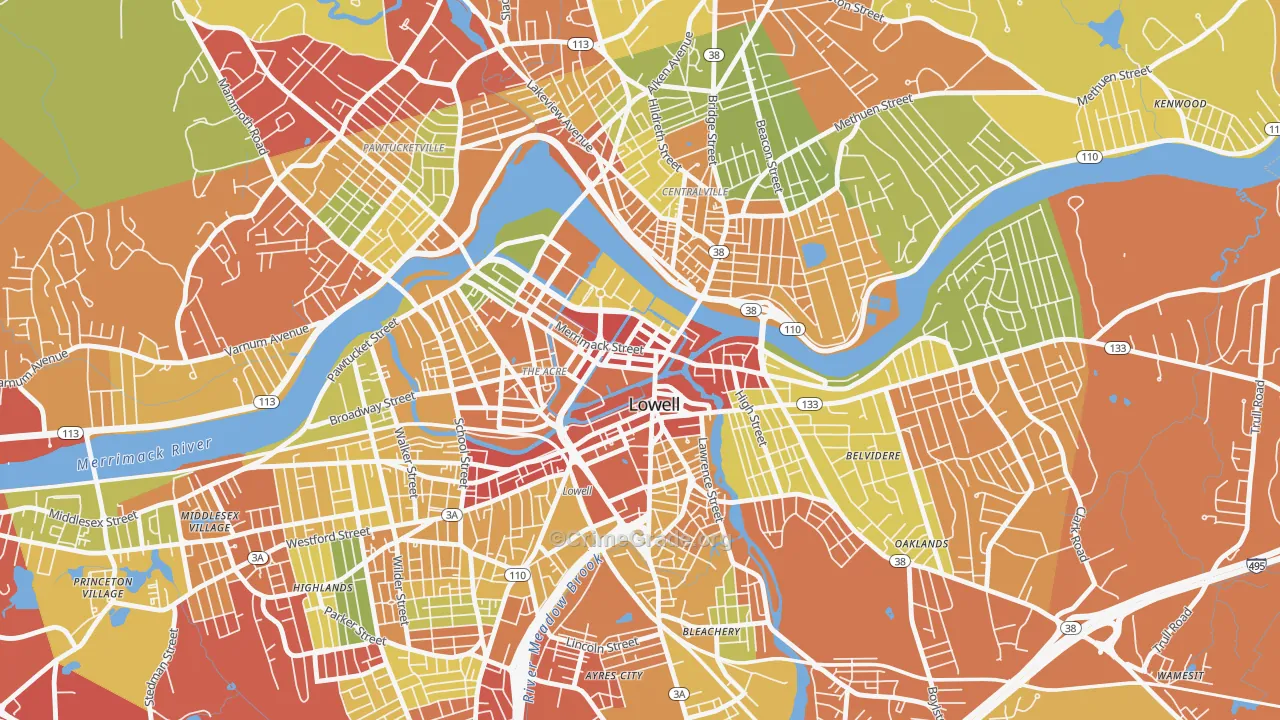 Downtown Lowell, Lowell, MA Map of Drug-Related Crime Rates