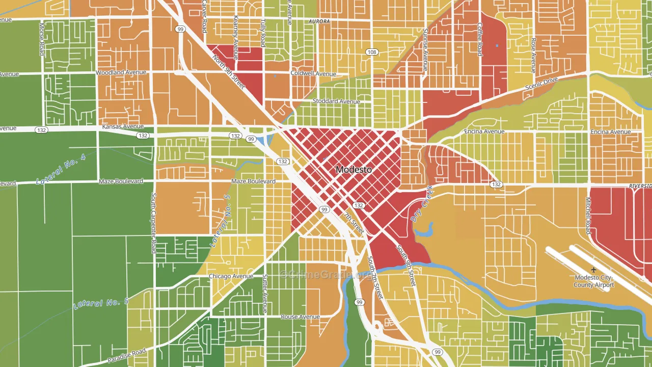 Downtown Modesto, Modesto, CA Map of Drug-Related Crime Rates