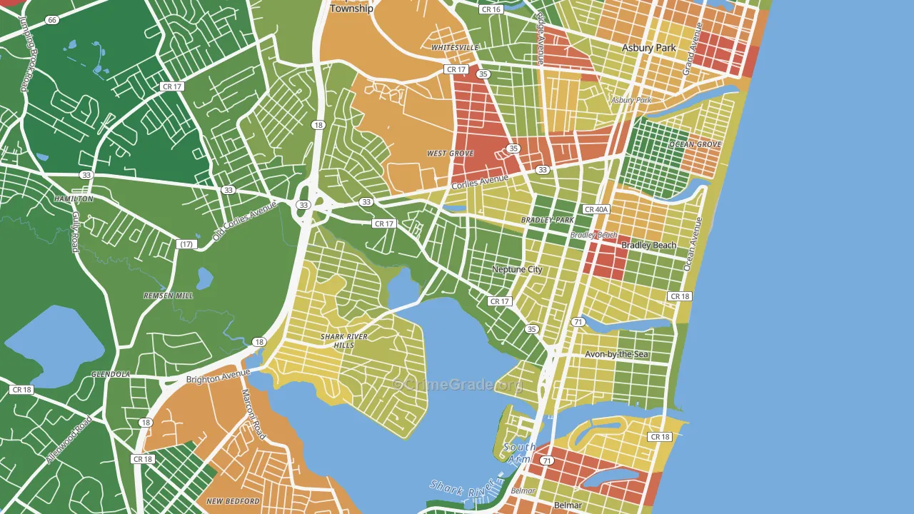 Downtown Neptune City, Neptune City, NJ Map of Drug-Related Crime Rates