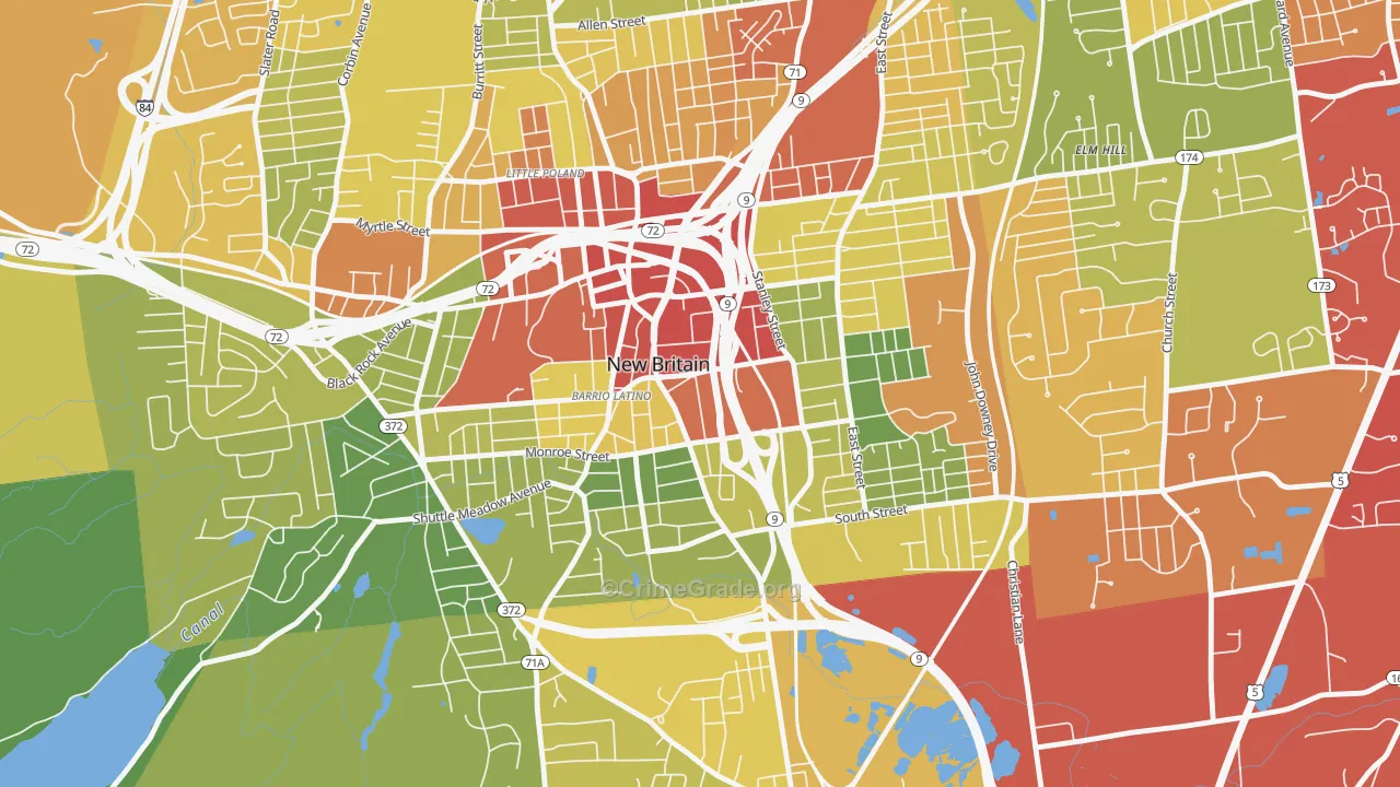 Downtown New Britain, New Britain, CT Map of Drug-Related Crime Rates