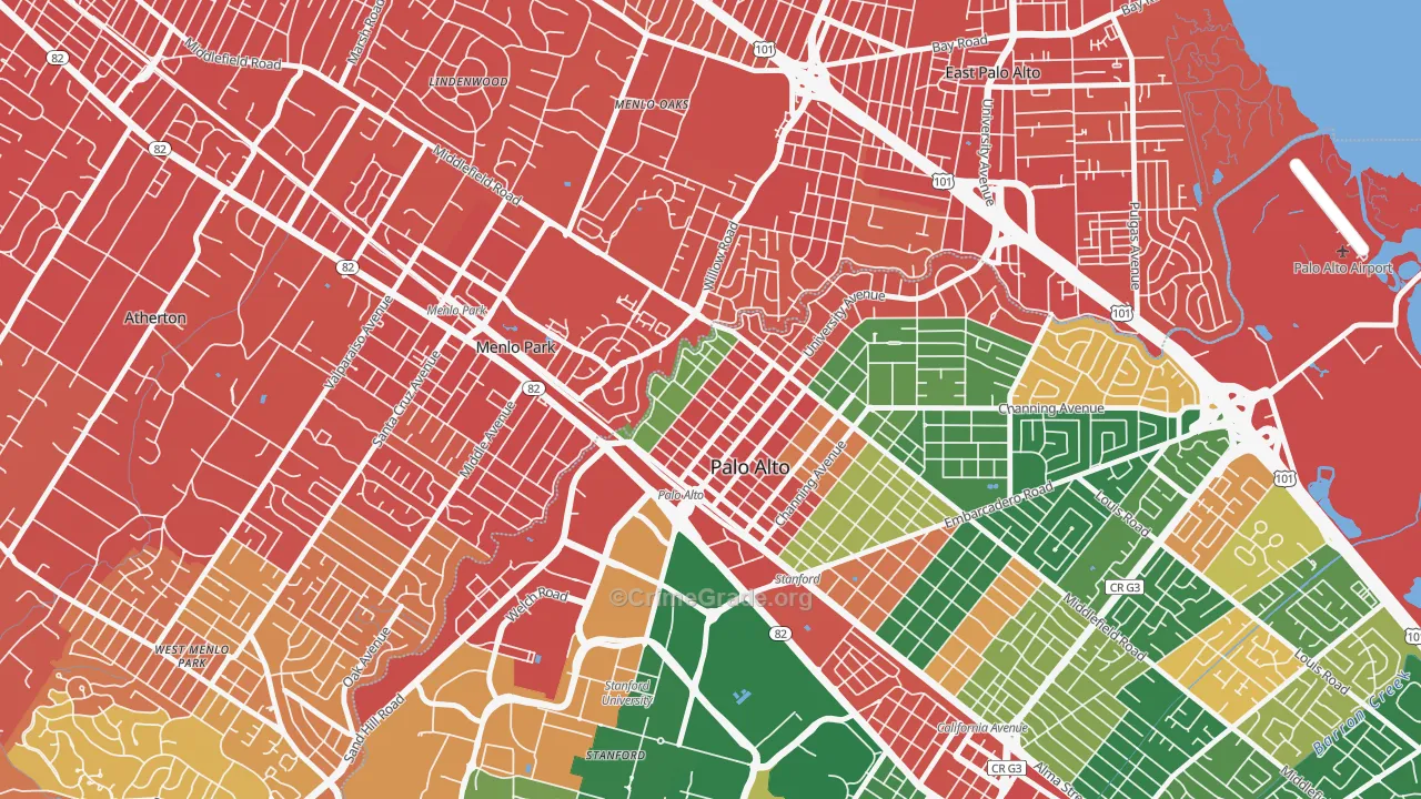Downtown North San Jose, Palo Alto, CA Map of Drug-Related Crime Rates