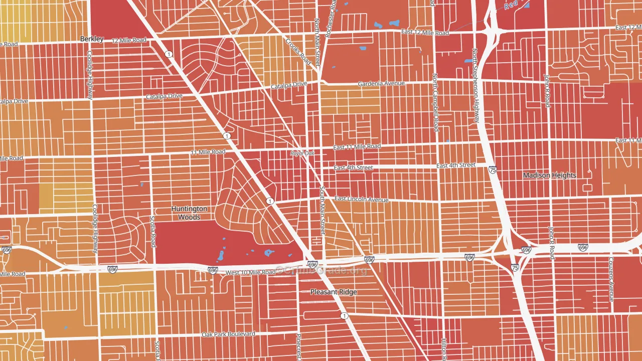 Downtown Royal Oak, Royal Oak, MI Map of Drug-Related Crime Rates