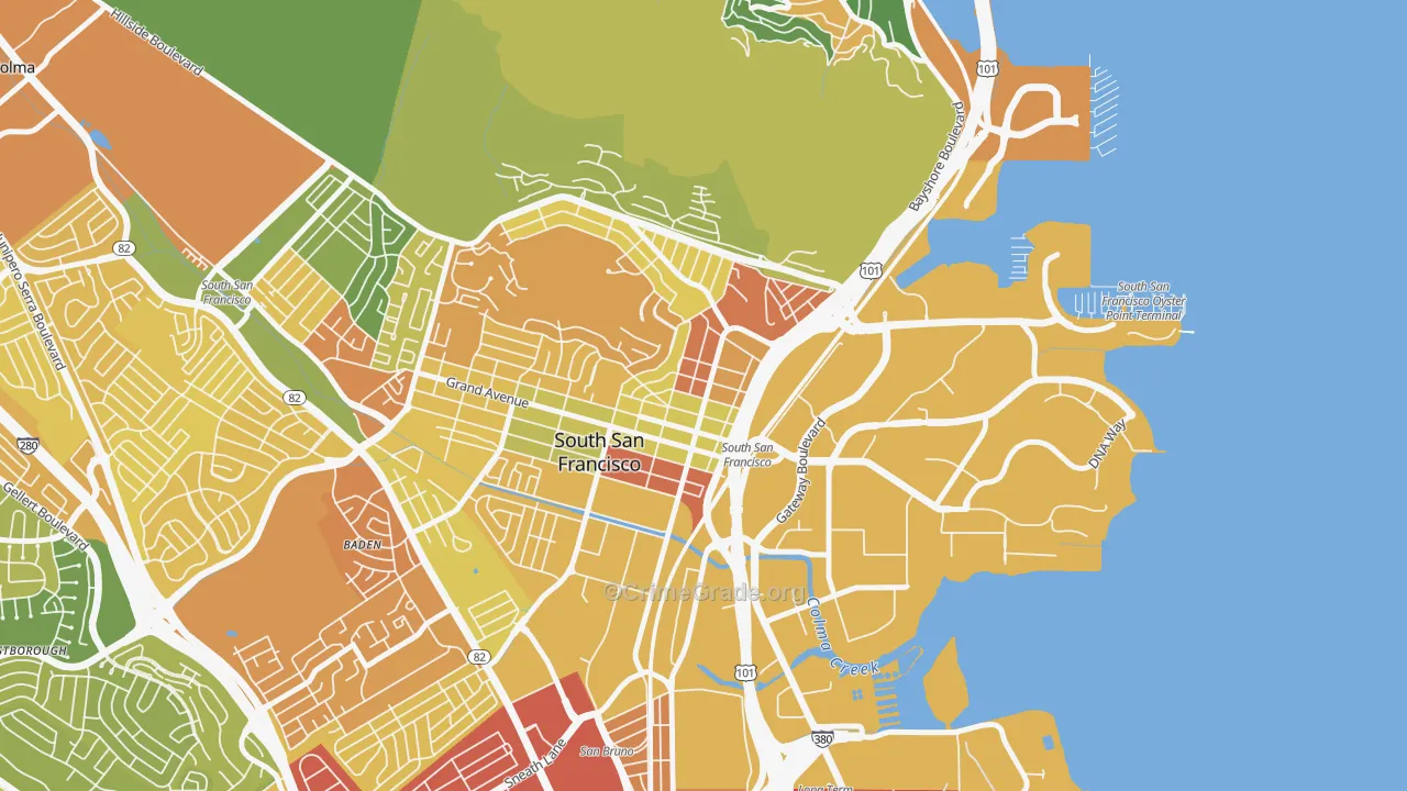 Downtown South San Francisco, South San Francisco, CA Map of Drug-Related Crime Rates