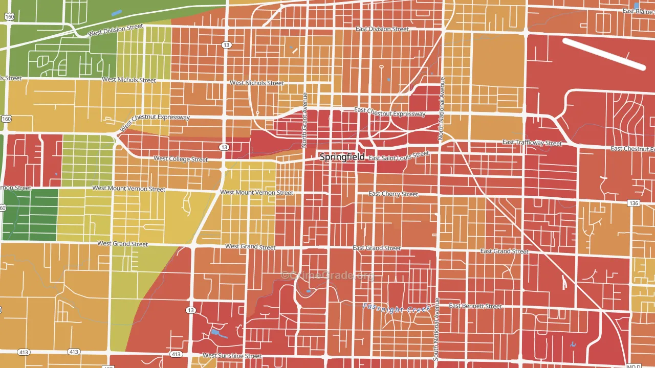 Downtown Springfield, Springfield, MO Map of Drug-Related Crime Rates