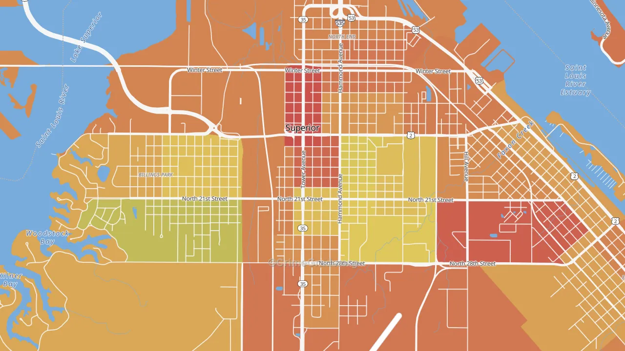 Downtown, Superior, WI Map of Drug-Related Crime Rates