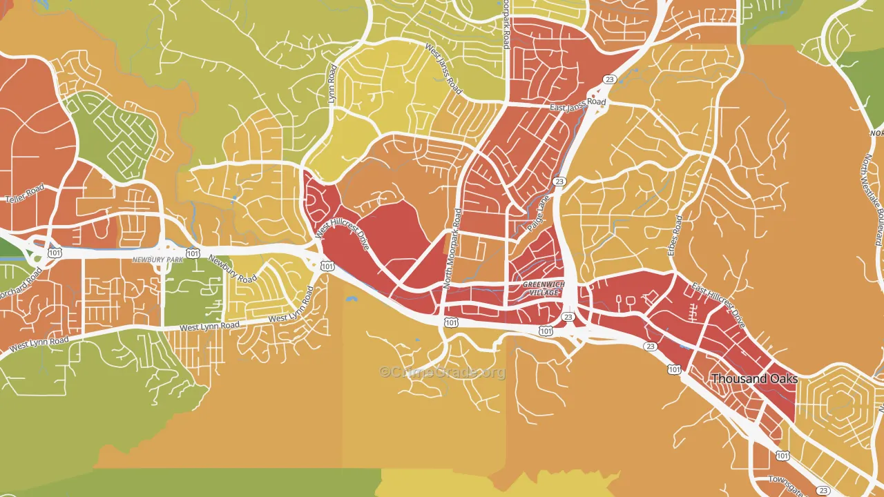 Downtown Thousand Oaks, Thousand Oaks, CA Map of Drug-Related Crime Rates