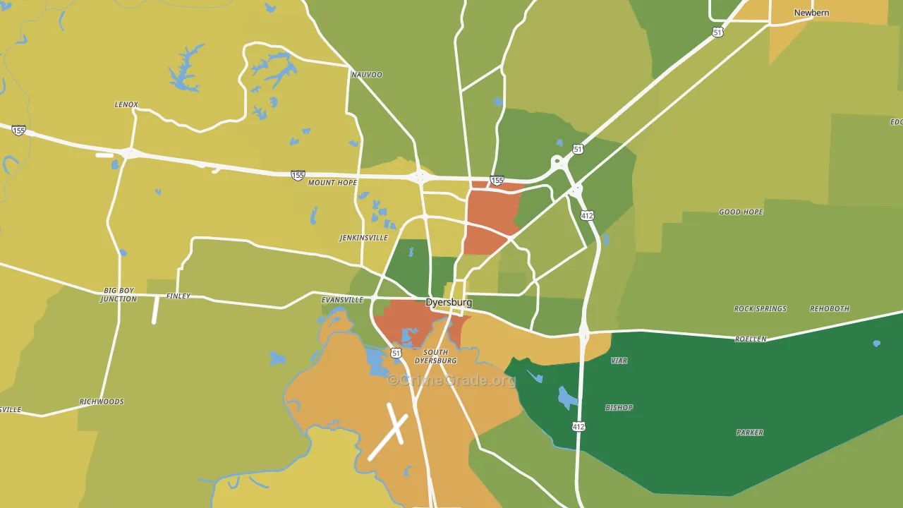 Dyersburg, TN Map of Drug-Related Crime Rates