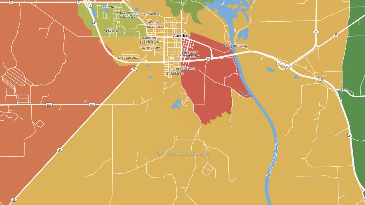 East Aberdeen, MS Map of Drug-Related Crime Rates