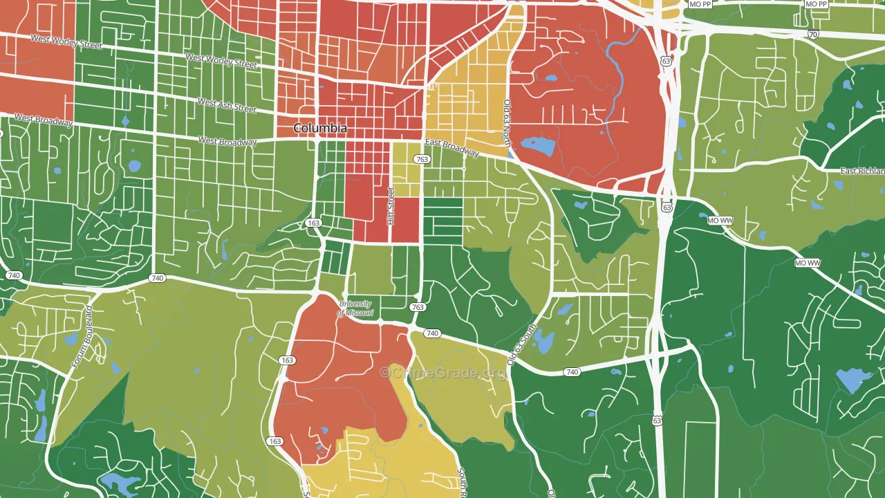 East Campus, Columbia, MO Map of Drug-Related Crime Rates