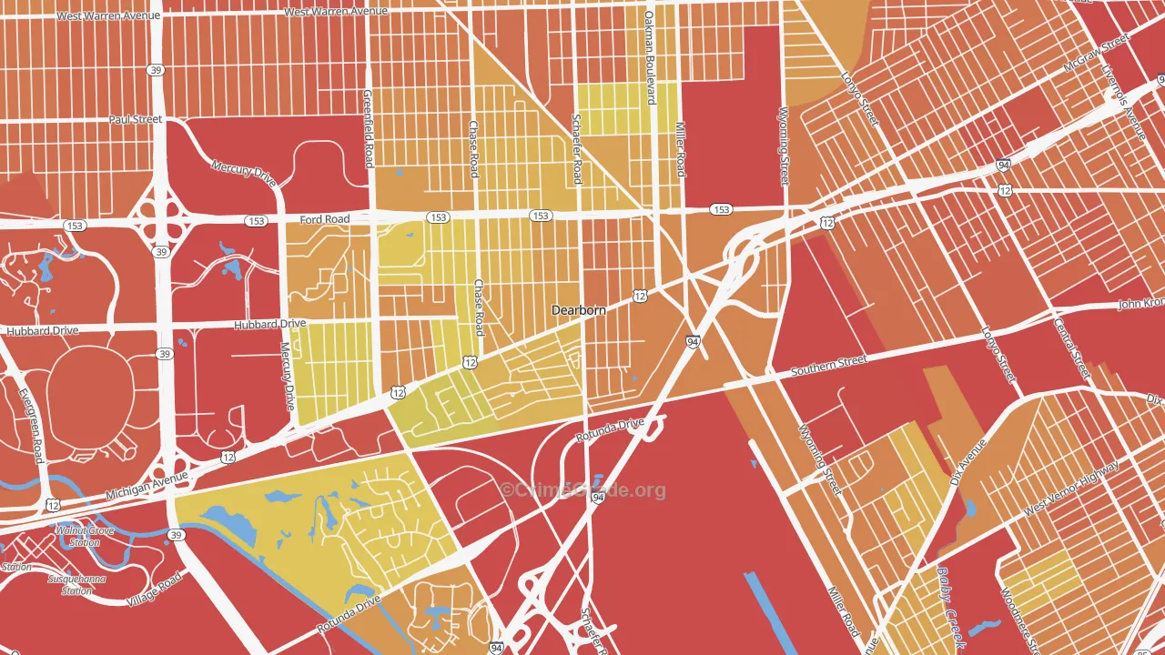 East Downtown Dearborn, Dearborn, MI Map of Drug-Related Crime Rates