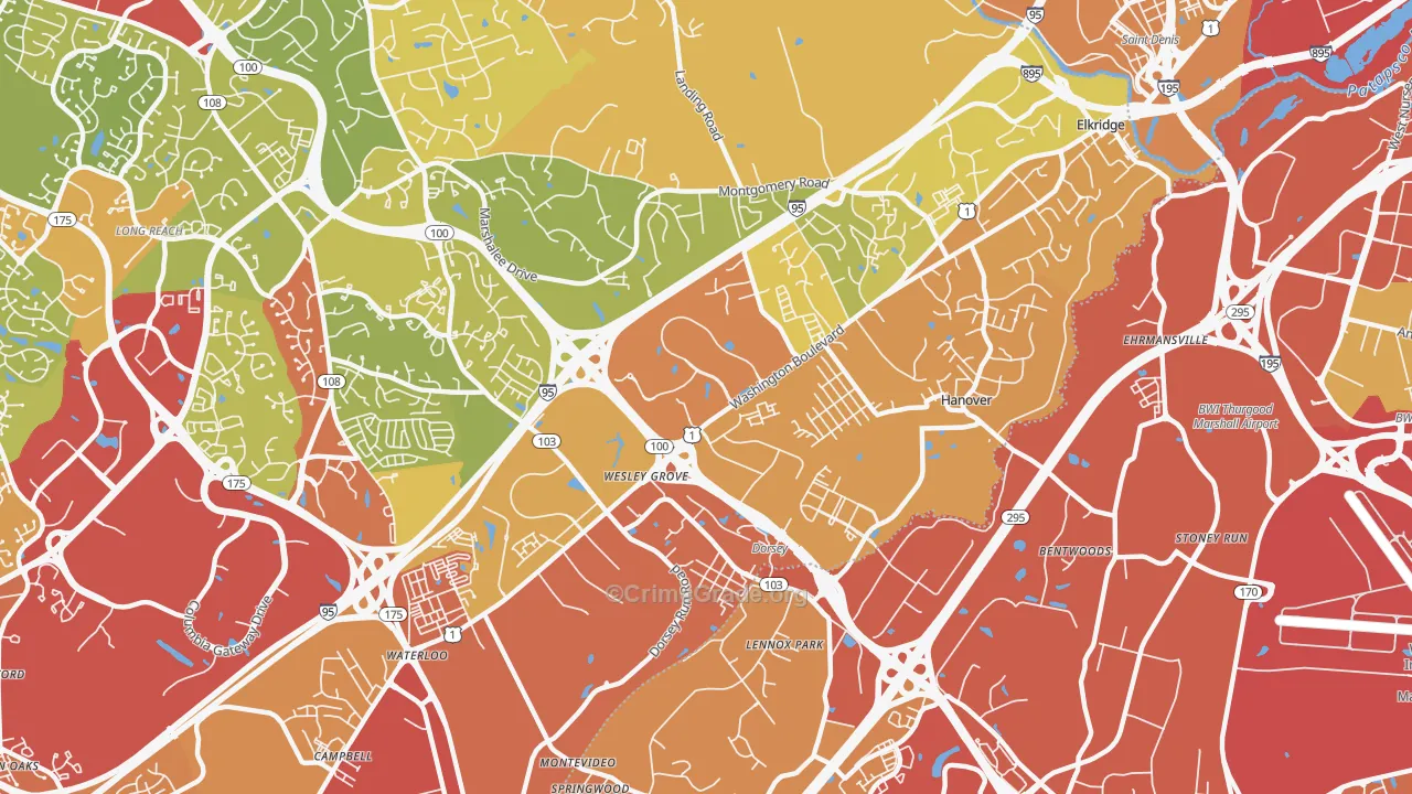 Elkridge, MD Map of Drug-Related Crime Rates