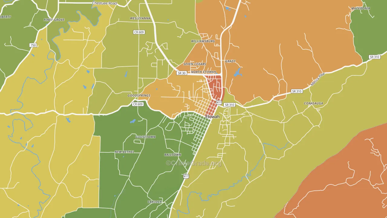 Etowah, TN Map of Drug-Related Crime Rates
