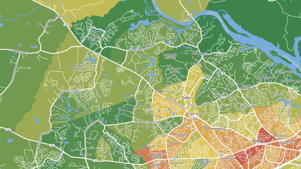 Evans, GA Map of Drug-Related Crime Rates