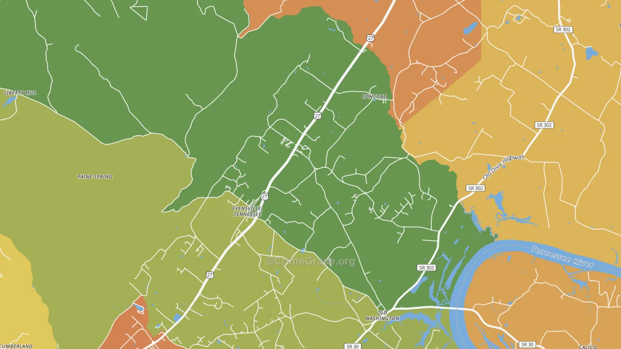 Evensville, TN Map of Drug-Related Crime Rates