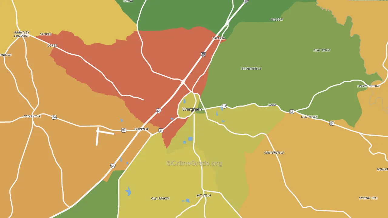 Evergreen, AL Map of Drug-Related Crime Rates