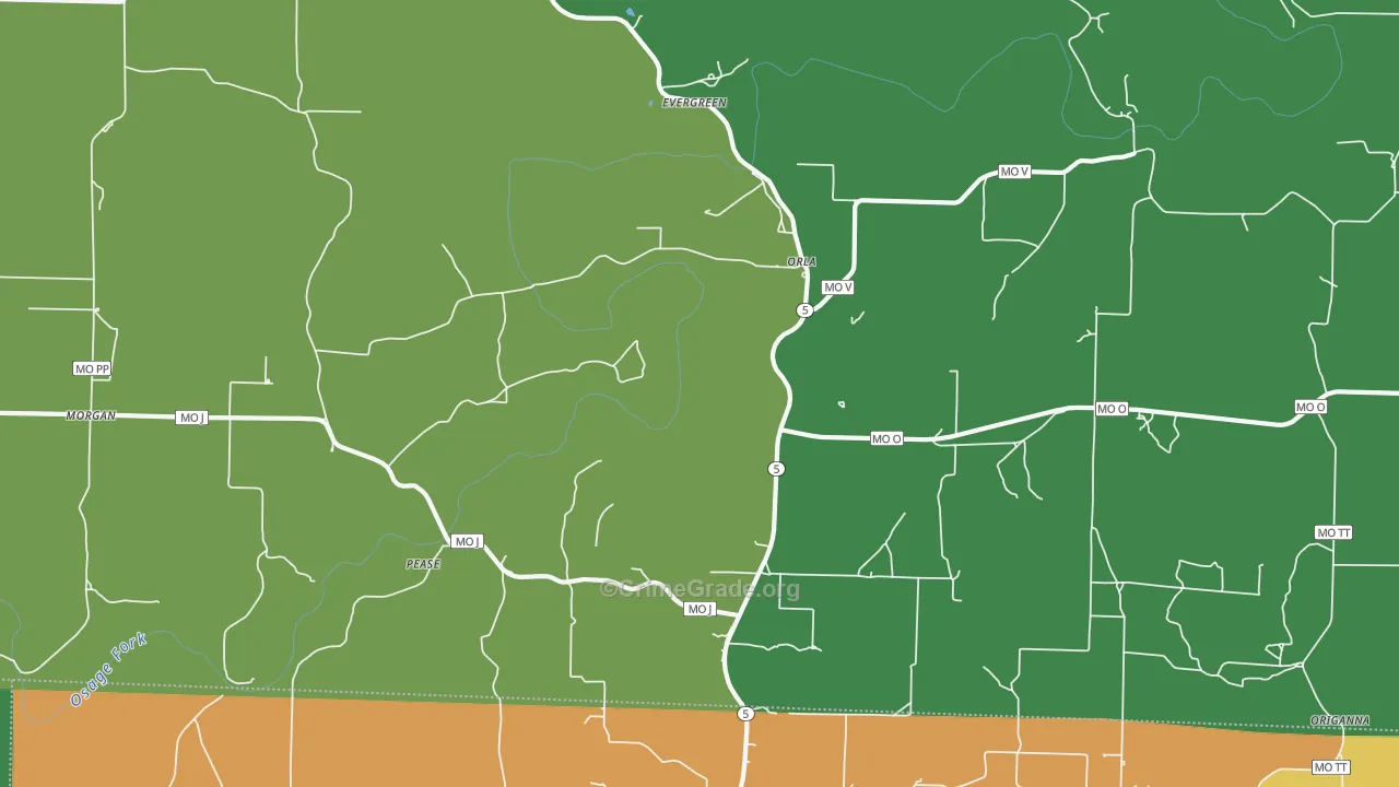 Evergreen, MO Map of Drug-Related Crime Rates