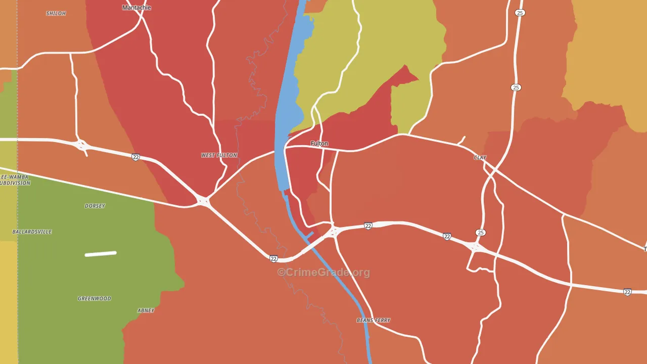 Fulton, MS Map of Drug-Related Crime Rates