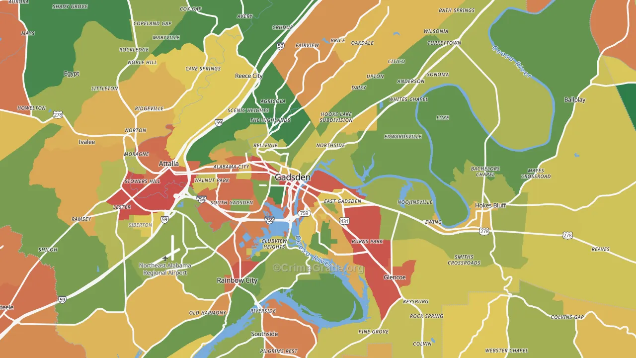 Gadsden, AL Map of Drug-Related Crime Rates