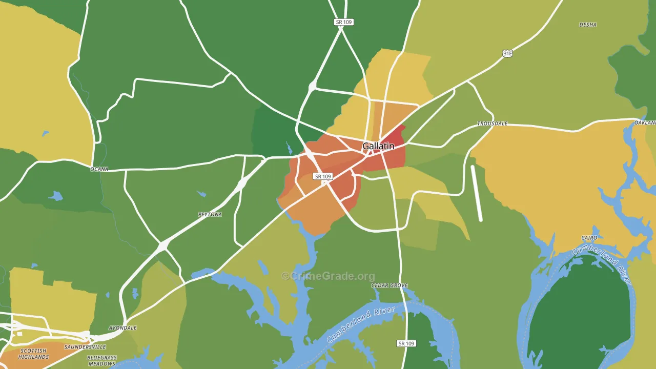 Gallatin, TN Map of Drug-Related Crime Rates