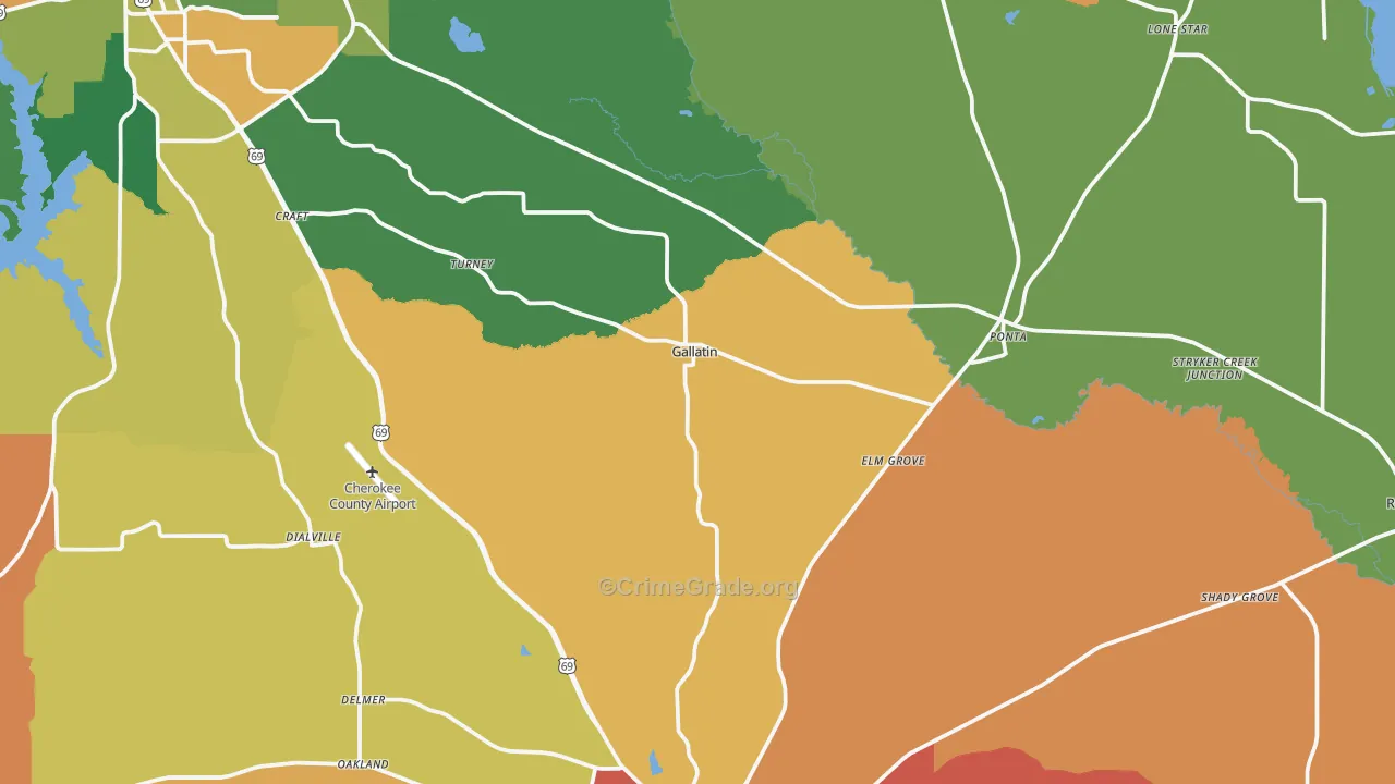 Gallatin, TX Map of Drug-Related Crime Rates