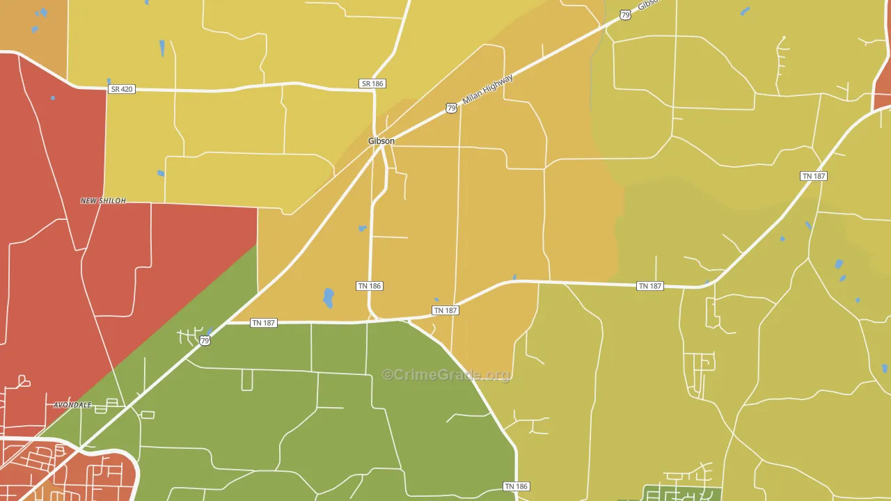 Gibson, TN Map of Drug-Related Crime Rates
