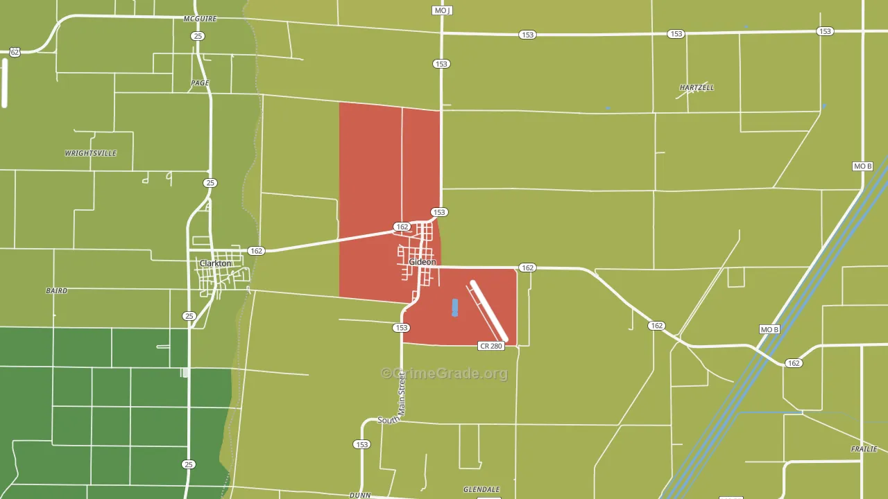 Gideon, MO Map of Drug-Related Crime Rates