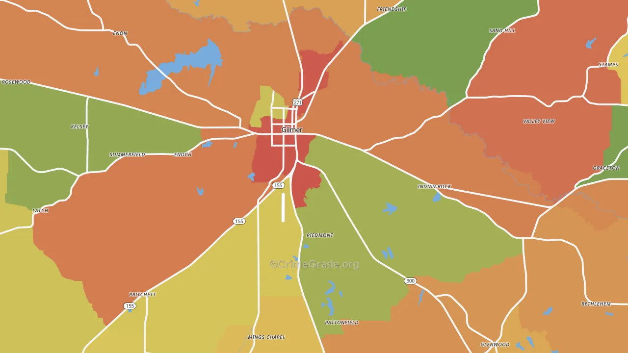 Gilmer, TX Map of Drug-Related Crime Rates
