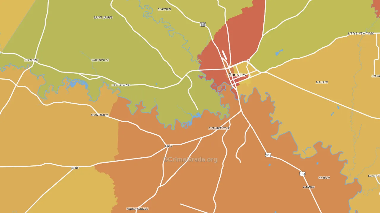 Gonzales County, TX Map of Drug-Related Crime Rates