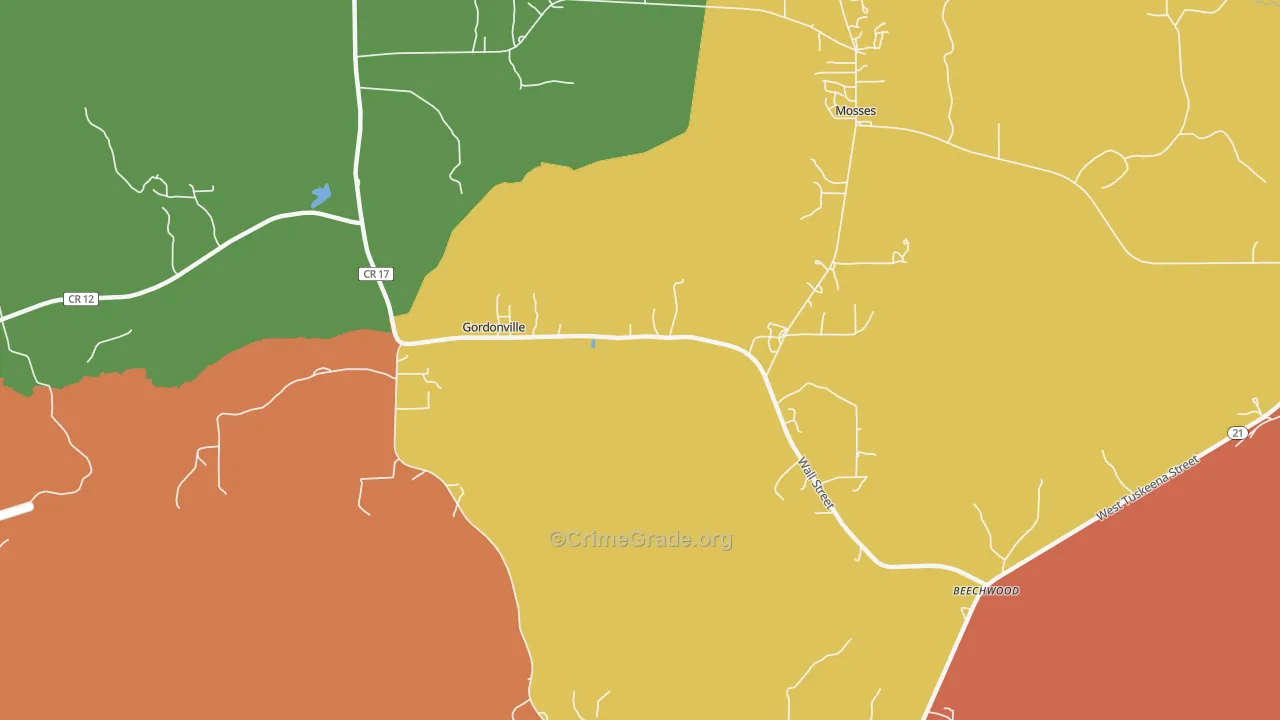 Gordonville, AL Map of Drug-Related Crime Rates