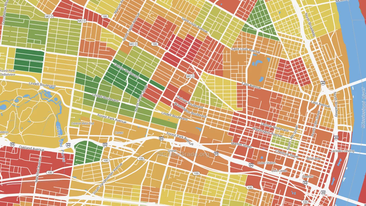 Grand Center, St. Louis, MO Map of Drug-Related Crime Rates