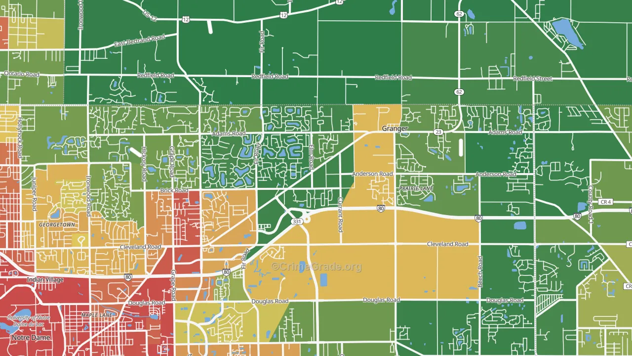 Granger, IN Map of Drug-Related Crime Rates
