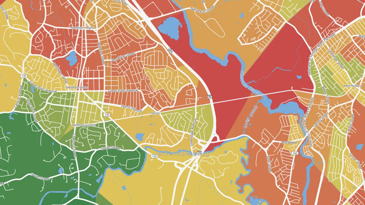 Greendale Village, Needham, MA Map of Drug-Related Crime Rates