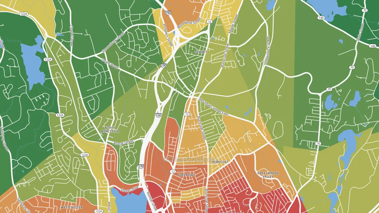 Greendale, Worcester, MA Map of Drug-Related Crime Rates