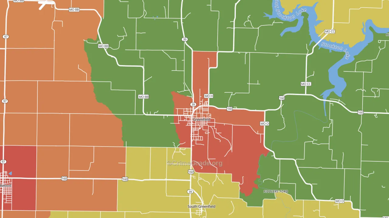 Greenfield, MO Map of Drug-Related Crime Rates