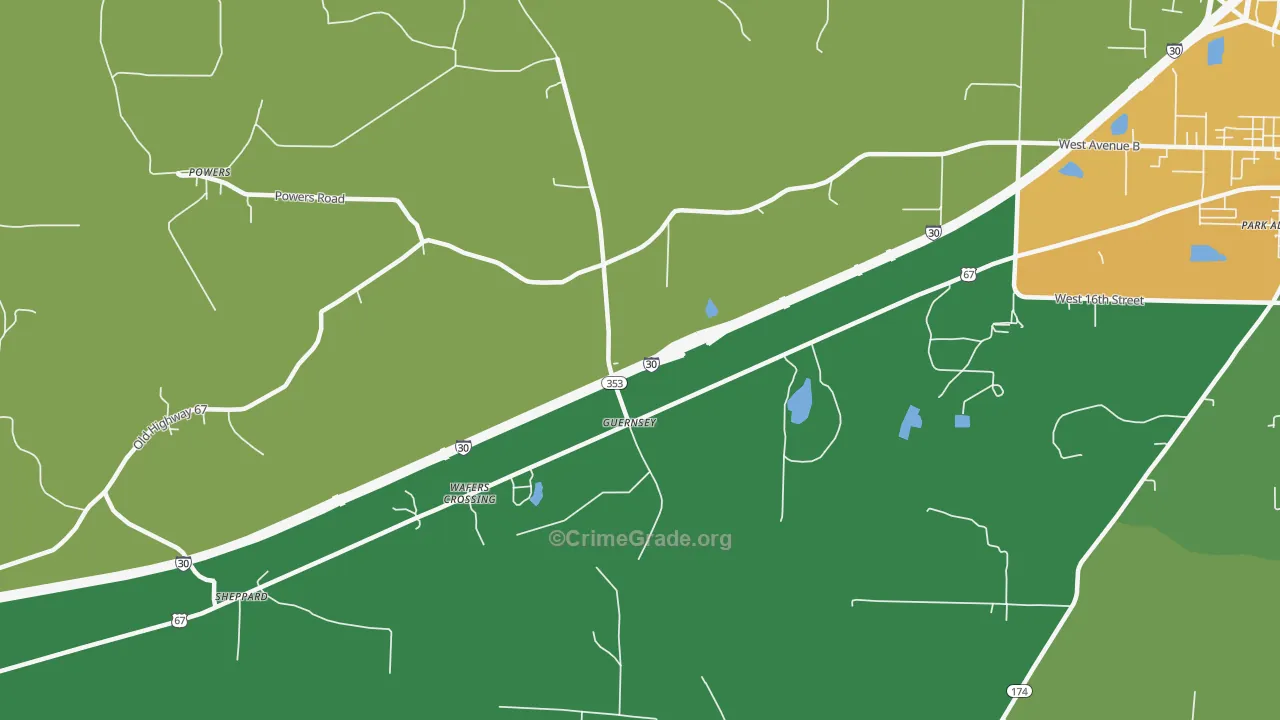 Guernsey, AR Map of Drug-Related Crime Rates