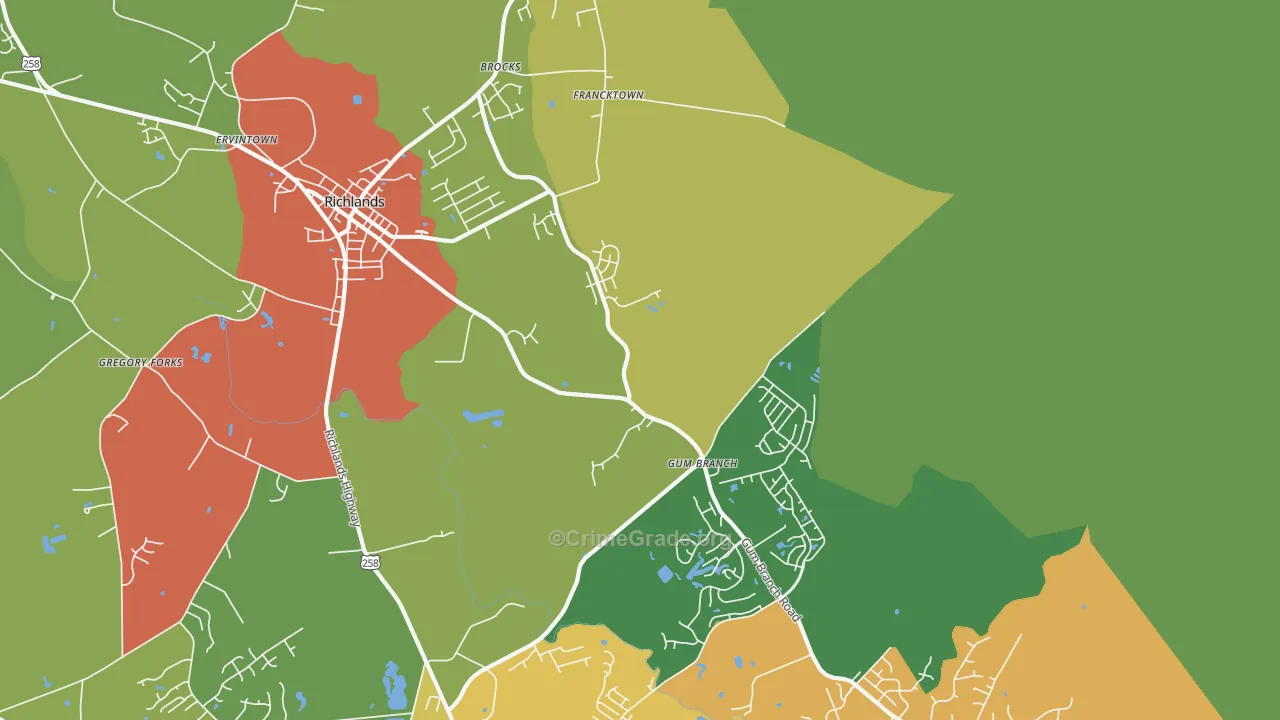 Gum Branch, NC Map of Drug-Related Crime Rates