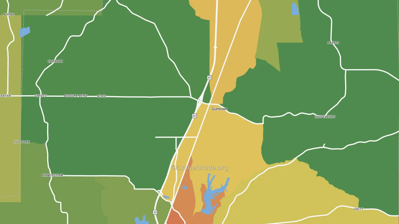 Guntown, MS Map of Drug-Related Crime Rates
