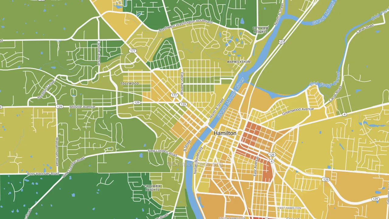 Hamilton Main Street Historic District, Hamilton, OH Map of Drug-Related Crime Rates