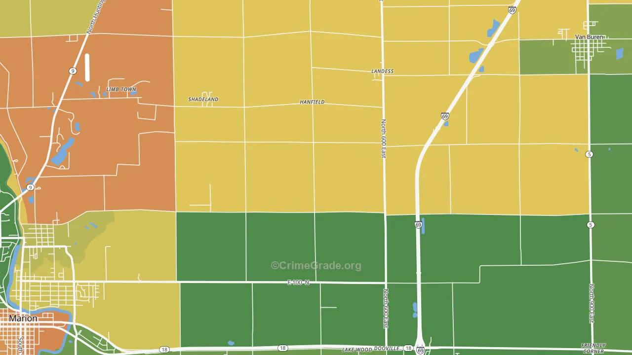 Hanfield, IN Map of Drug-Related Crime Rates