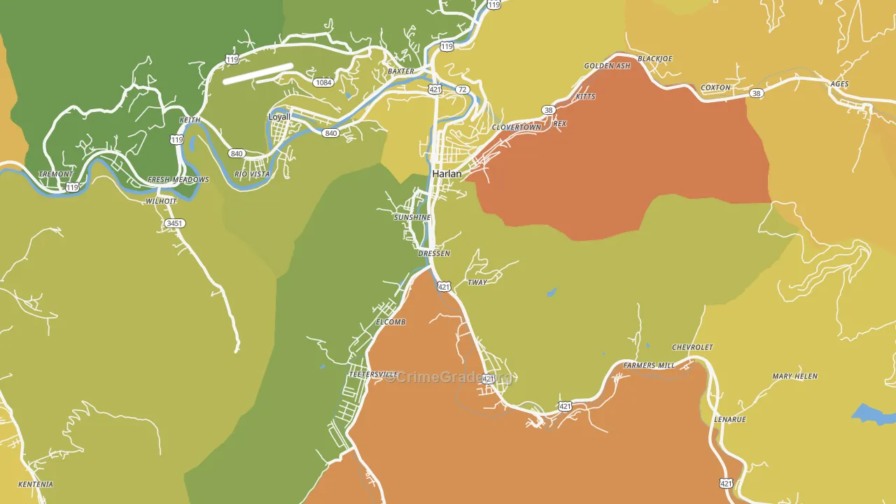 Harlan, KY Map of Drug-Related Crime Rates