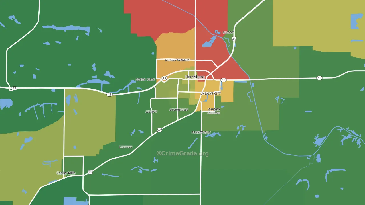 Harrisburg, IL Map of Drug-Related Crime Rates