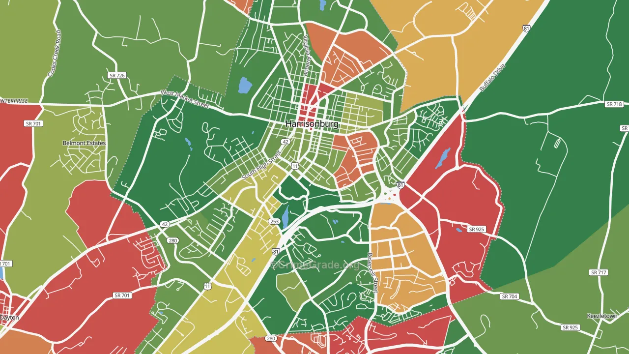 Harrisonburg City, VA Map of Drug-Related Crime Rates