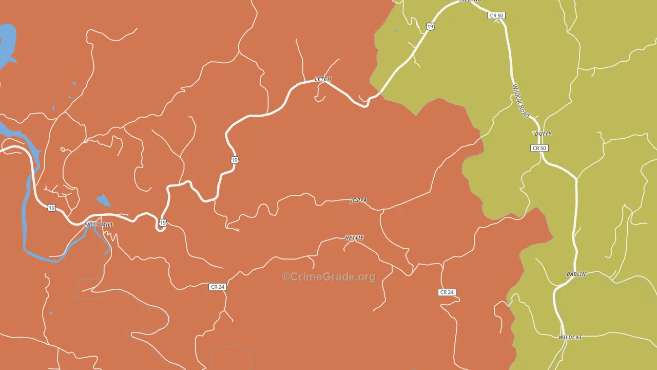 Hettie, WV Map of Drug-Related Crime Rates