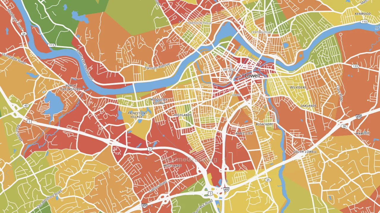 Highlands, Lowell, MA Map of Drug-Related Crime Rates
