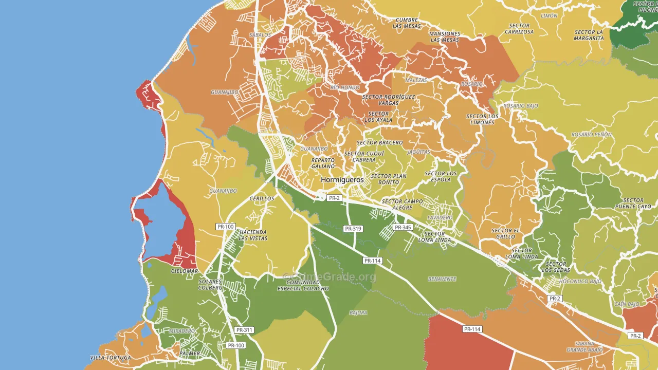 Hormigueros, PR Map of Drug-Related Crime Rates