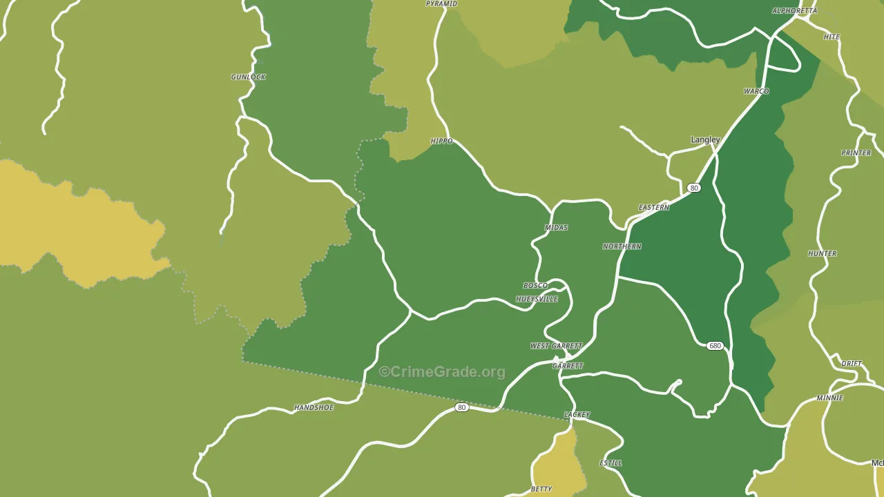 Hueysville, KY Map of Drug-Related Crime Rates